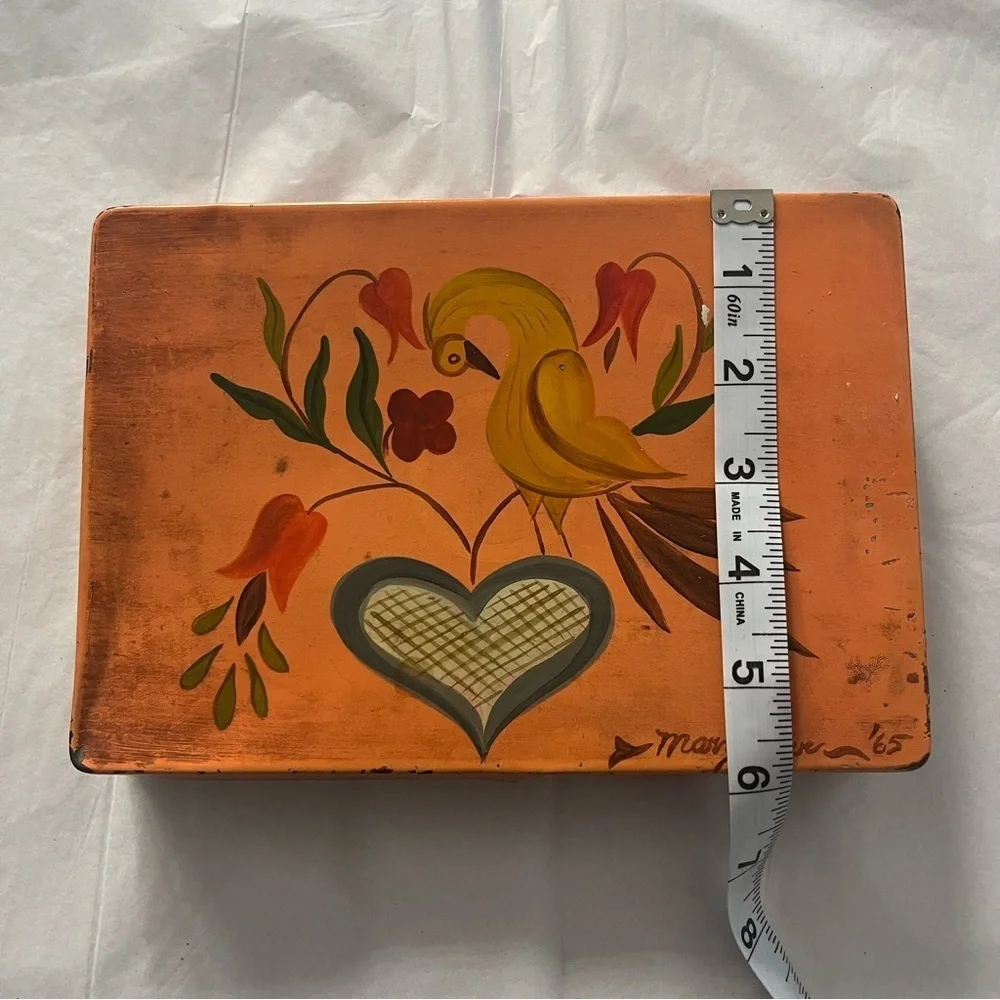 Vintage Trinket Box Hinged Lid Hand Painted Bird Signed 1965 Peach Yellow Green